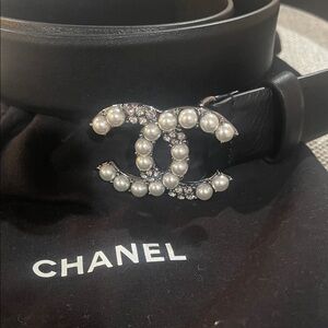 CHANEL Black Belt with Pearl and Crystal Logo